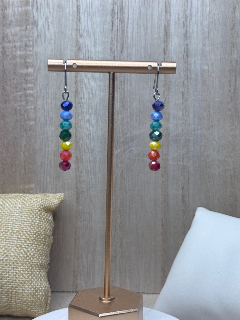 Handmade Rainbow Faceted Bead Drop Earrings with Stainless Steel Hooks